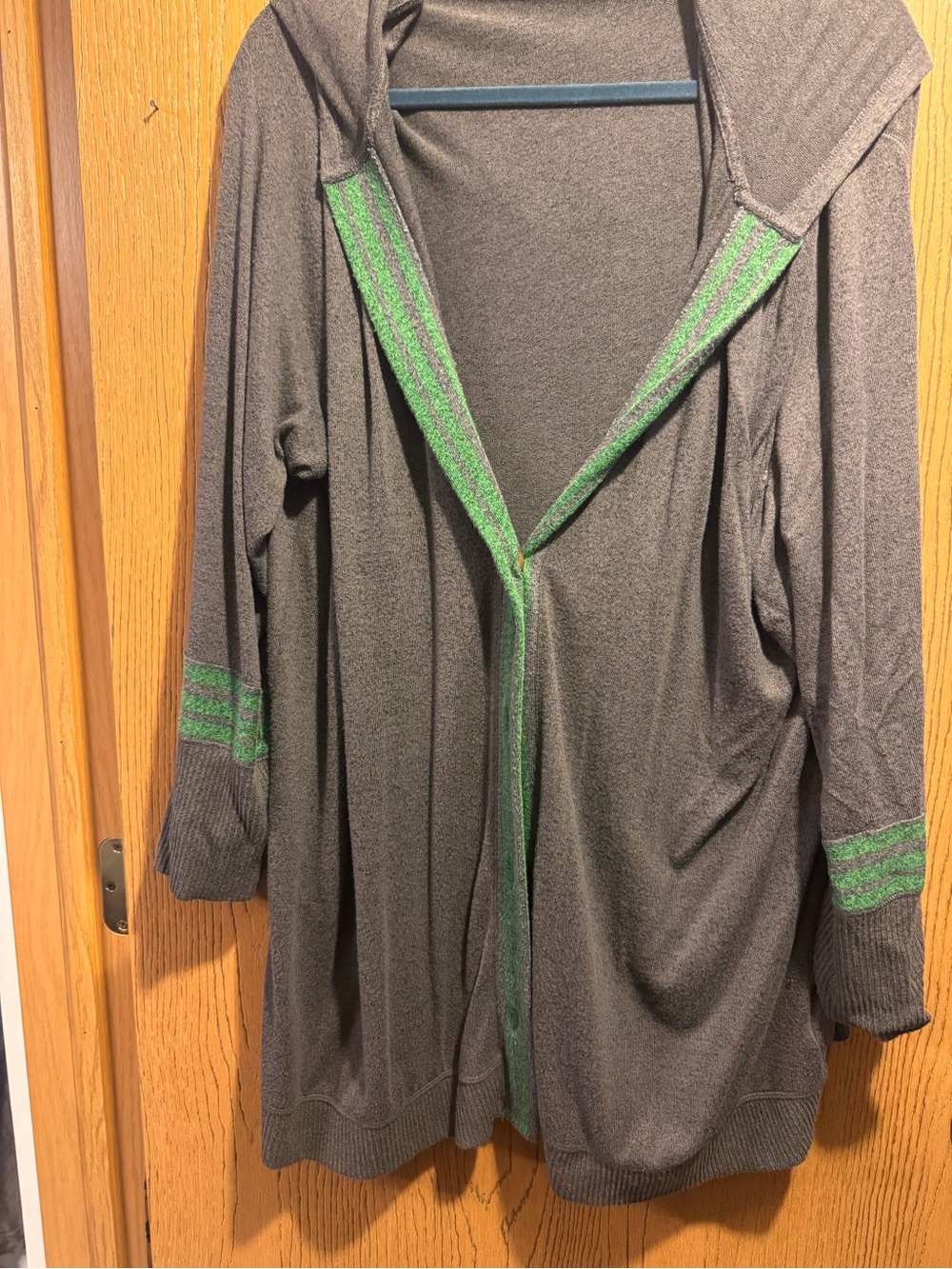 Maurices Gray Hooded Open Cardigan with Green Trim